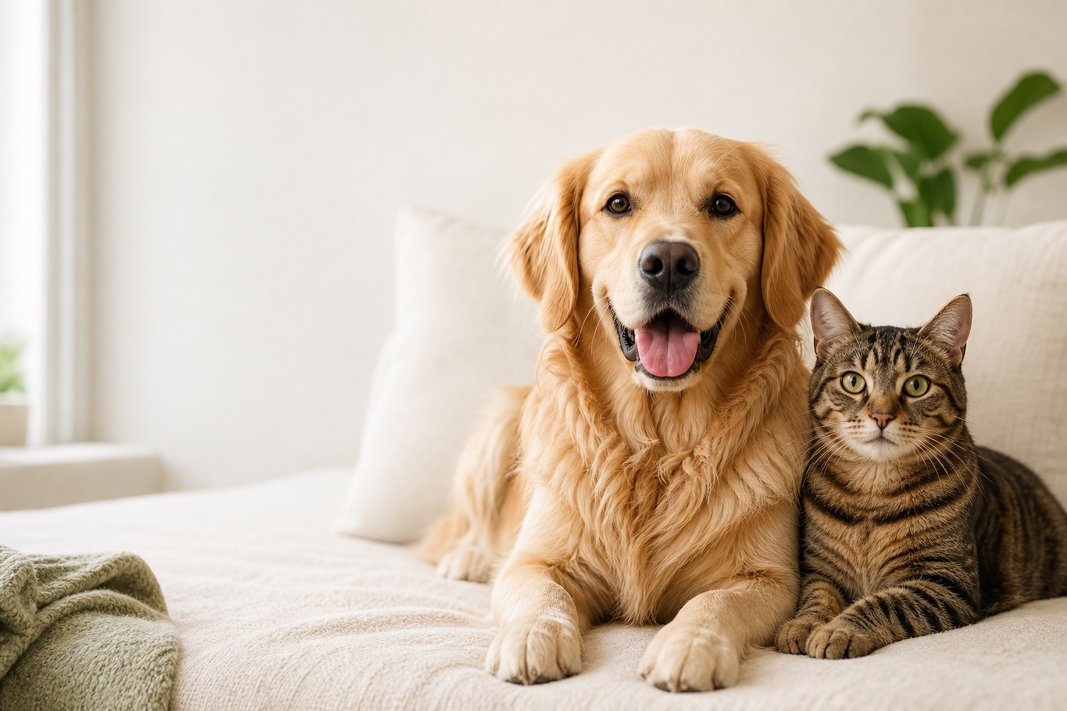 A golden retriever and tabby cat resting together in a calm home.